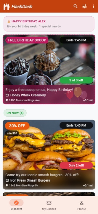 The Discover feed during someone's birthday week: a Happy Birthday banner, then a birthday-only Free Birthday Scoop deal above the regular On Now deals